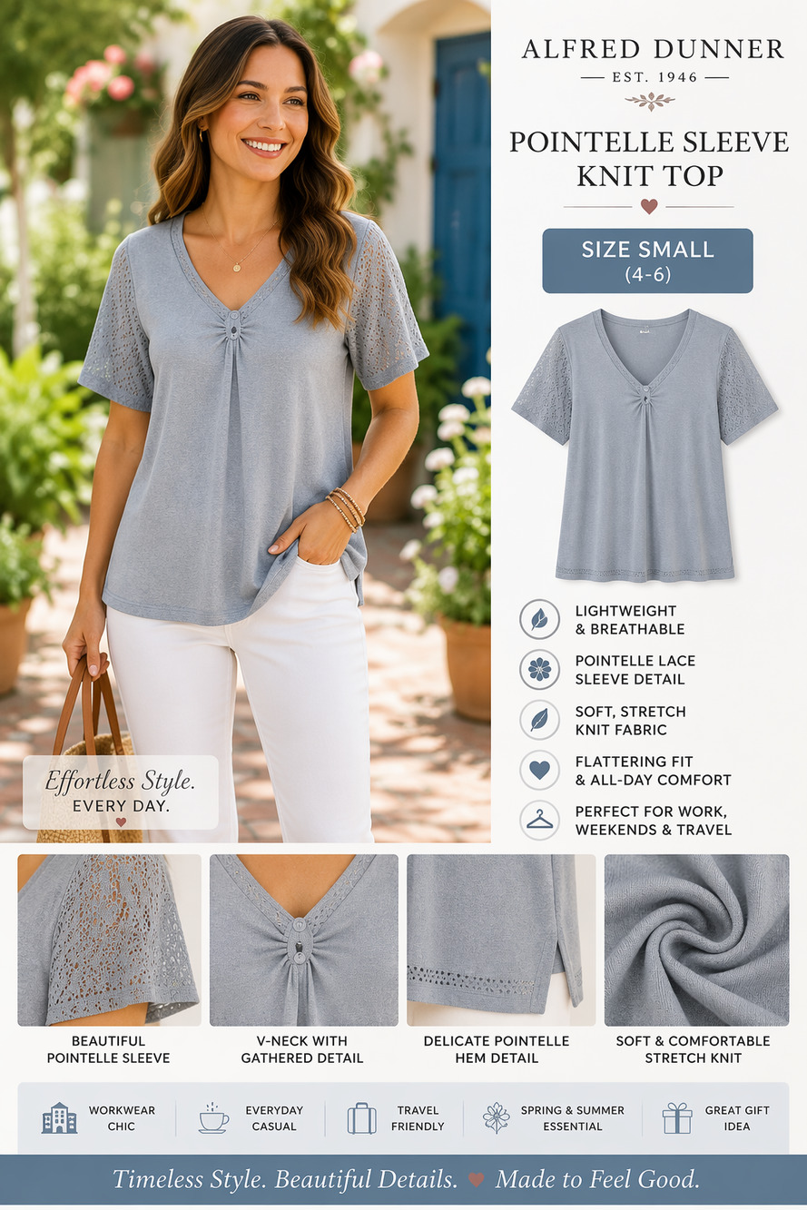 Alfred Dunner Small Gray Pointelle Sleeve Knit Top Lightweight V‑Neck Blouse